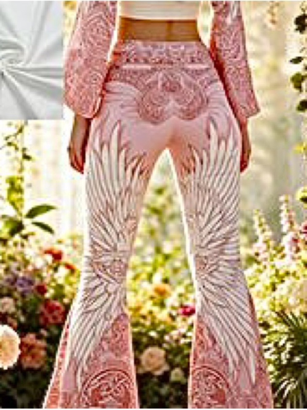 🆕Women's Pink Wing Patterned High-Waist Pants. Size L. NWT.